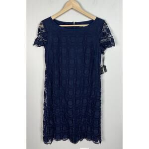 NWT Karl Lagerfeld Navy Blue Sheath Mini Dress Lace Overlay Scalloped Size 8 Wms